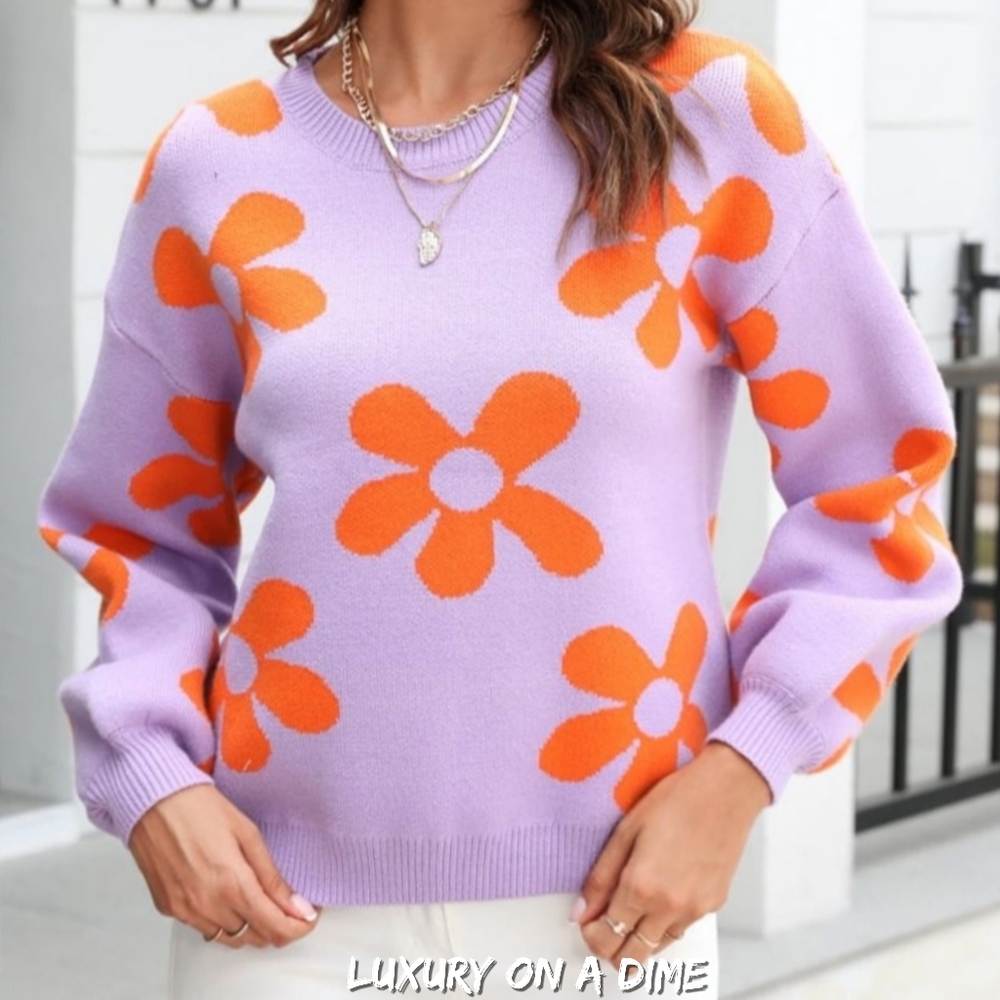 Flower Power Retro Floral Knit Round Neck Long Sleeve Oversized Pullover Sweater - Picture 3 of 9